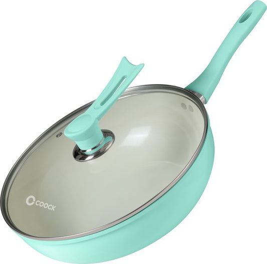 COOCK Poêle Wok Induction 32cm - Revêtement spécial antiadhésif - Poêle à frire avec couvercle - Aluminium recyclé - Turquoise - Livre électronique inclus