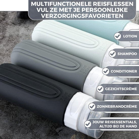 EverNeeds Bouteilles de voyage avec étui - rechargeables - Bouteilles de voyage en silicone pour bagages à main - gris - 4 pièces