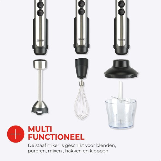 Mixeur plongeant Bourgini - 4 pièces Mixeur plongeant puissant en acier inoxydable - 20 vitesses - Fouet - Hachoir 600ml - Gobelet de mesure 800ml - 1500W