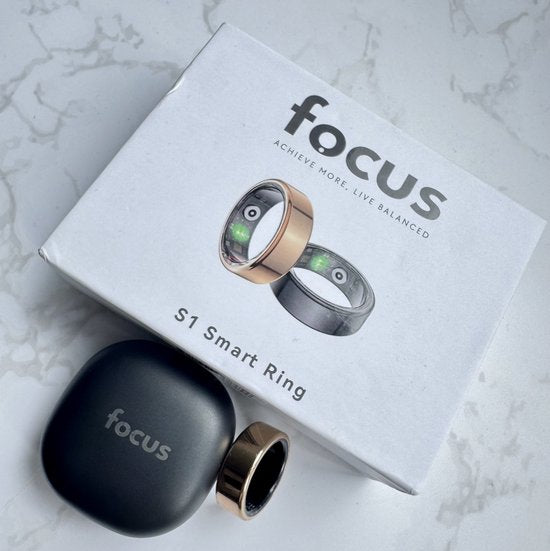 Focus® S1 Smart Ring - Noir - Taille 9 - Fréquence cardiaque - Cycle menstruel - Moniteur de sommeil - Anneau intelligent - Performance sportive - Podomètre - IP68 Waterproof - Mesure de l'O2 - Femmes - Hommes - Wearables - Étui de chargement - anneau de