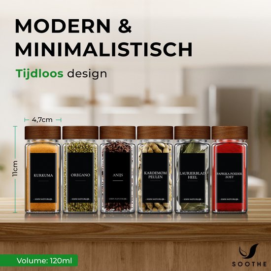 Soothe 36 pots à épices carrés en verre avec couvercle en acacia - 2 types de couvercles - Diffuseur d'épices - Pots à épices - Set complet avec autocollants pour épices, bâton de craie et accessoires - 120ml