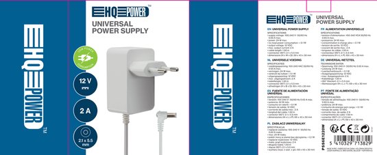 HQ-Power Adaptateur d'alimentation universel, pour équipement informatique, 12 VDC, 2 A, 24 W, fiche DC 5,5 x 2,1 mm, blanc