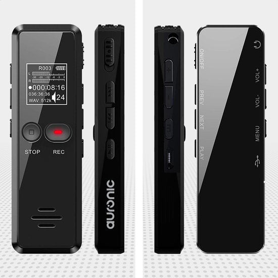 Auronic Enregistreur vocal numérique - Dictaphone - Stockage 8GB - Réduction de bruit - Rechargeable par USB - Ecoute clandestine - Noir