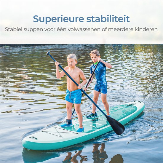 Supper Sup Board XL - Max. 220KG - Gonflable - Planche à pagaie - Étui étanche pour téléphone portable - Pompe - Aileron - Leash - Sac de transport - 335 x 81 cm - Turquoise