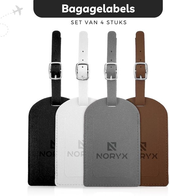 Noryx 4-piece Suitcase label set - Luggage label - Suitcase tags - Suitcase Label - Grey, White, Black & Brown