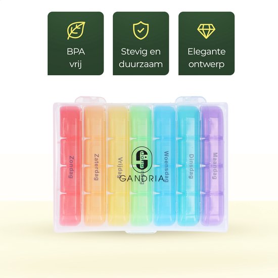 Pilulier Gandria 7 jours - Pilulier amovible - Boîte à médicaments avec 28 compartiments - Boîte à médicaments avec fermeture solide - 4 compartiments par jour - 7 couleurs