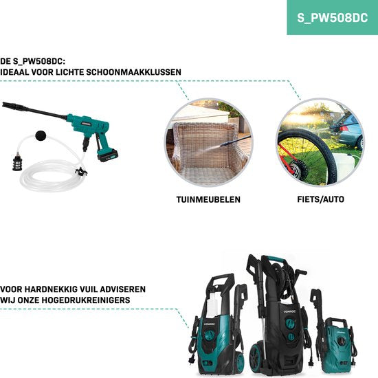 VONROC Accu nettoyeur haute pression 20V - 24bar - 198 l/h - Inclus tuyau d'aspiration de 5m, bouteille de détergent et buse ajustable - Inclus batterie 2.0Ah et chargeur rapide