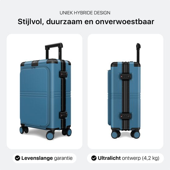 ONYX Hybrid Pro Hand Luggage Suitcase with Front Pocket 38 Litres - Recycled Polycarbonate and Zipperless Design - Travel Suitcase with TSA Lock and Spinner Wheels - Lightweight Trolley with Laptop Compartment - Glacier Blue