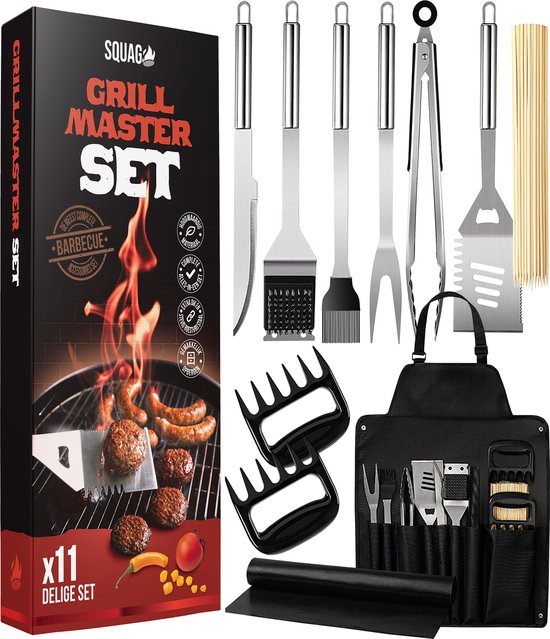 Squago BBQ accessories XXL Set with Apron - Tools - Tool set Pliers Brush Mat