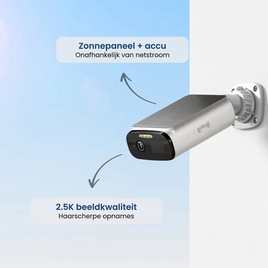 Gologi Solar Premium Caméra de sécurité extérieure - 10 400 mAh - 2,5K - Vision nocturne - Détection de mouvement - Caméra de surveillance - Panneau solaire - Sans fil - USB-C - WiFi et App - Blanc