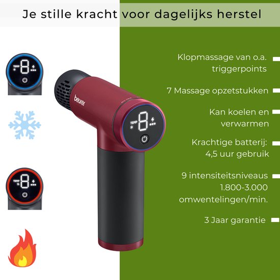 Beurer MG 195 HOT & COLD Limited Edition 25 Pistolet de massage - Chauffe et refroidit les muscles - 7 accessoires inclus - 9 niveaux d'intensité - Batterie puissante - Utilisation sans fil - 3 ans de garantie - Bordeaux/noir
