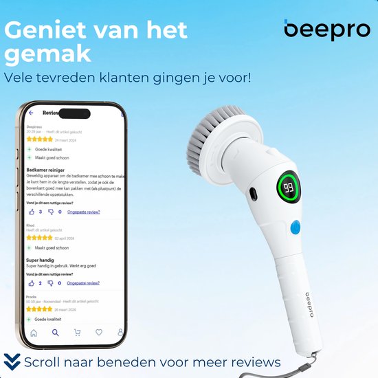 Beepro - Brosse de nettoyage électrique - Brosse avec manche - 10 accessoires