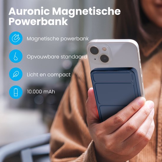 Auronic Powerbank - 10000 mAh - Convient à l'iPhone 12/13/14/15 et MagSafe - 22.5W - Chargement sans fil - Bleu
