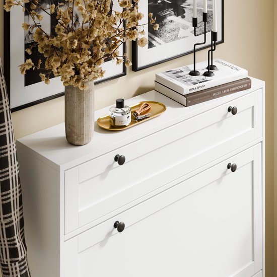 SoBuy - Meuble à chaussures avec 1 tiroir - 80 x 19 x 107 cm & avec 2 portes basculantes - équipé d'un système anti-basculement et de pieds en silicone - pour les couloirs et entrées étroits - Mdf blanc