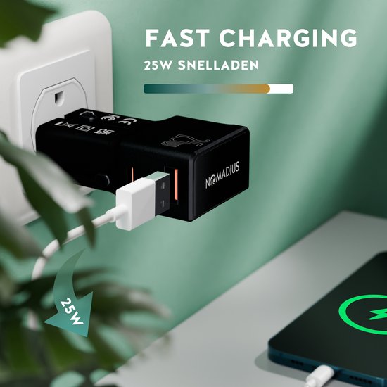 Adaptateur prise universelle - Nomadius - Chargement rapide - Prise de voyage universelle - 1 USB-C et 1 USB - 200+ pays - Noir