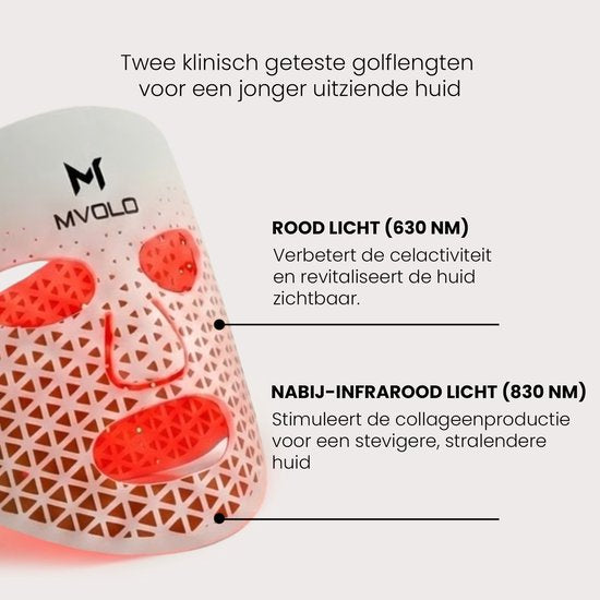 Mvolo® LED Face Mask - Masque professionnel de luminothérapie rouge avec masque pour le cou - Masque à lumière infrarouge 4 longueurs d'onde - Sans fil - Soins de la peau