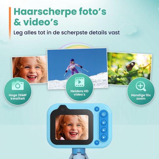 ODESSEY Caméra étanche pour enfants - avec trépied - Full HD - Caméra selfie - Carte SD 32 Go - Photo - Vidéo - Jeux - Caméra numérique pour enfants - Caméra photo pour enfants - Bleu