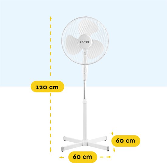 BRASQ Ventilateur trépied - 40 cm - Blanc - Réglable en hauteur - 3 vitesses - 40 watts