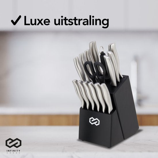 Infinity Goods Set de couteaux - Bloc de couteaux - 16 pièces - avec bloc, aiguiseur de couteaux et ciseaux - résistant aux rayures - acier inoxydable - argent/noir