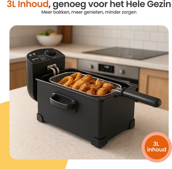 Friteuse Goliving 3L - Friteuse - Hublot en verre - Jusqu'à 190°C - 2000W - acier inoxydable - Noir