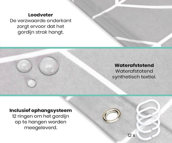 Loti Living Rideau de douche anti-moisissure - Motif gris - Anneaux inclus - Imperméable - Polyester - Rideau de douche 180x200 cm
