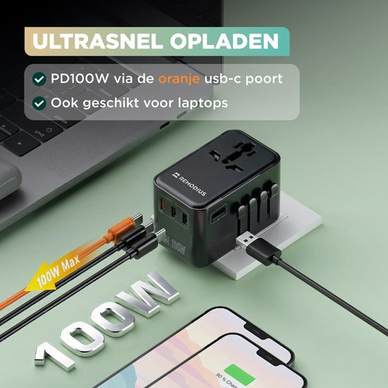Remodius® World Plug PRO - 220+ pays - Prise de voyage universelle avec PD100W Ultra USB C Fast Charging pour ordinateurs portables, téléphones, tablettes et autres - 3x USB-C - 1x USB-A