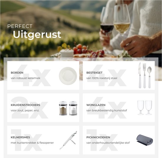 tectake® Set complet de paniers de pique-nique Vlieland - Set de luxe de 23 pièces pour 4 personnes - Panier de pique-nique en osier avec tapis de pique-nique - Comprend une glacière, des assiettes, des verres à vin en plastique et des couverts en acier i