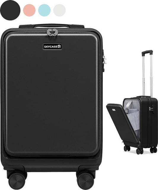 Skycases Hand Luggage Suitcase 35L - Lightweight Trolley - Spinner Wheels - TSA Lock and Laptop Compartment - Travel Suitcase with Handy Front Pocket - 55 cm - Black