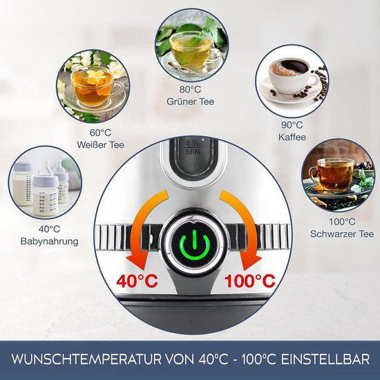 Bouilloire, acier inoxydable, réglage de la température, silencieuse, affichage de la température et fonction maintien au chaud, 1,7 litres & 2200 W, bouilloire électrique, bouilloire en acier inoxydable, rétro, sans plastique