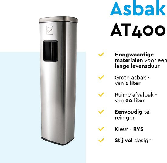 BRASQ Cendrier sur pied en acier inoxydable - Cendrier d'extérieur avec poubelle de 20 litres - Poteau fumeur - Poubelle avec cendrier