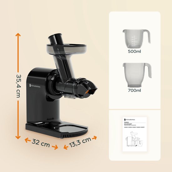 KitchenBrothers Slowjuicer - Compact - Presse-agrumes - Presse-légumes et fruits - 45 mm - 500 ml - Noir