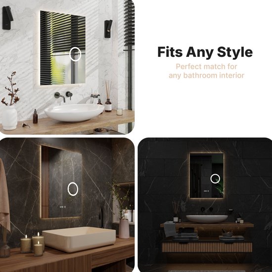 Mirlux Miroir de salle de bain avec éclairage LED et chauffage - Miroir mural rectangulaire - Miroir de douche anti-condensation - 60x80CM