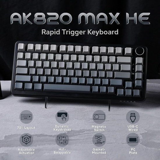 Ajazz AK820 MAX HE - 75% Wired RGB Gaming Keyboard - Hall Effect Rapid Trigger Mechanical Keyboards - Side Printed Keys - Gasket - Hot Swap - 8K Hz Polling Rate - QWERTY Keyboards - 82 Keys - Gradient Grey
