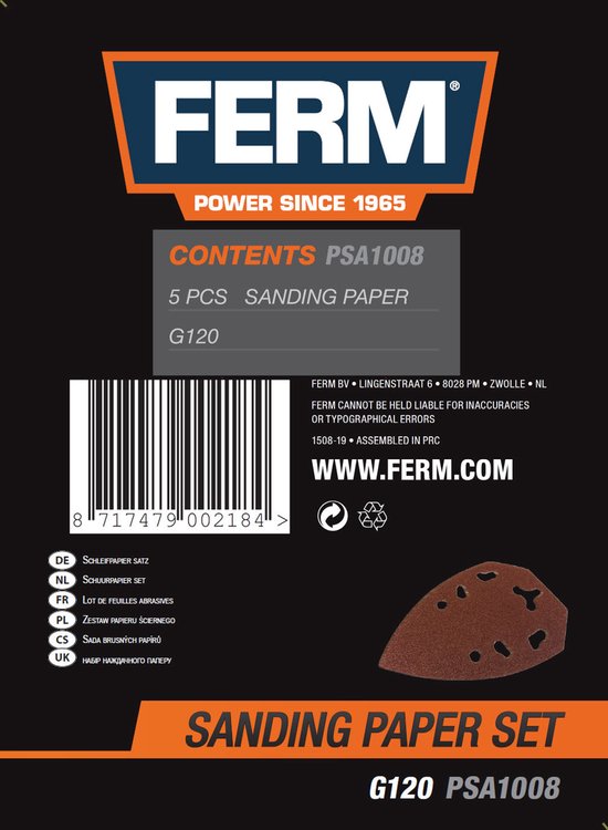 FERM - PSA1008 - Papier de verre - P120 - 5 pièces - Avec - Support Velcro - Trous à poussière - 5 inclinés - Dimensions : - 140x100x50mm - Universel - Convient très bien pour - PSM1013 - Ponceuse à palettes