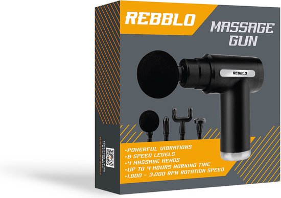 Pistolet de massage Rebblo - Appareil de massage sportif et relaxant - Pistolet de massage électrique - Pistolet de massage avec 6 vitesses et 4 boutons de massage - 24 W - 1800 mAh