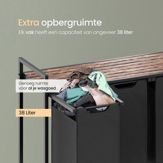 O'DADDY® Laundry Basket 3 Boxes - Trieur de linge - Extensible - Assemblage facile - 92.5 x 33 x 71 cm - Capacité 114L - 3 Sacs - Bois brun - Métal noir - Paniers à linge - Boîte à linge