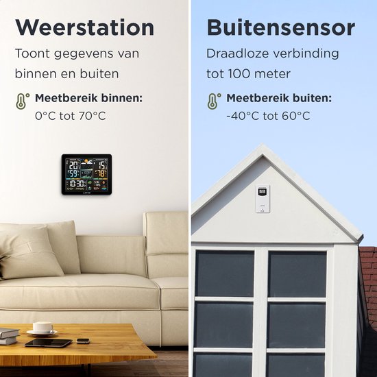 LONQ Station météo intérieure et extérieure Q5 - Piles incluses - Station météo sans fil avec capteur extérieur - Thermomètre Hygromètre - Affichage couleur - Horloge contrôlée par DCF