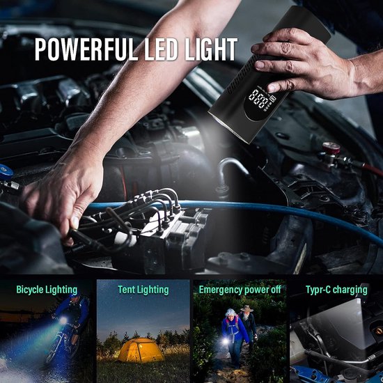 Fuegobird - Pompe électrique 6000 mAh - Pompe à vélo 150 PSI - Pompe à vélo électrique miniature avec LED SOS - Conçue pour les pneus AUTO - Vélos - Vélos électriques - Sports de balle - Inclus 2 tuyaux de gonflage - Noir