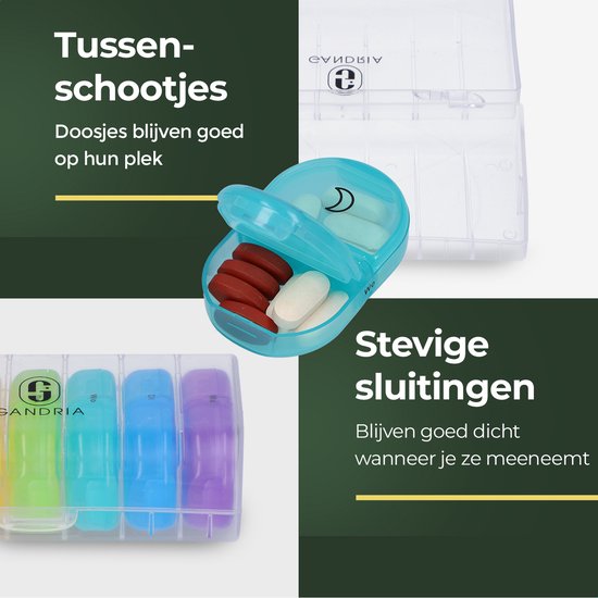 Pilulier Gandria 7 jours - Pilulier amovible - Boîte à pharmacie avec 14 compartiments - Boîte à pharmacie avec fermeture solide - 2 compartiments par jour - 7 couleurs