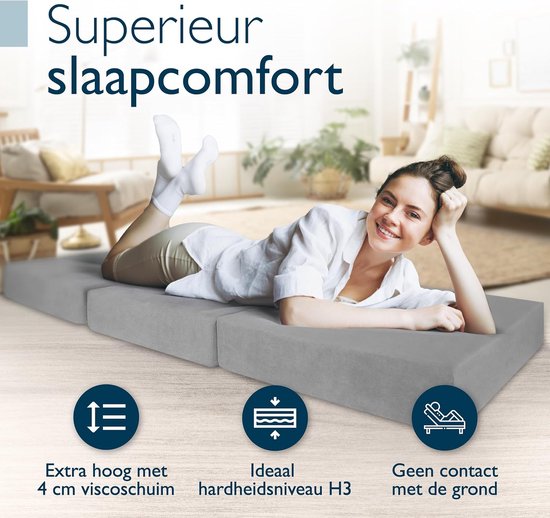 Beautissu VS95 - Matelas pliable Premium L 80X200cm - Matelas pliable extra épais en mousse à mémoire de forme H3 de 14cm - Lavable - Transport facile - Gris