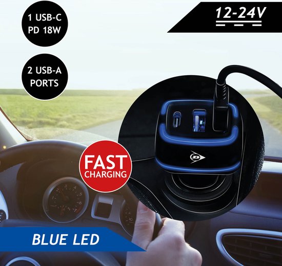 Chargeur de voiture USB Dunlop - 2x connexion USB-A et USB-C - Power Delivery/ Fast Charge 18W - Connexion à l'allume-cigarette de la voiture - Plastique - Noir