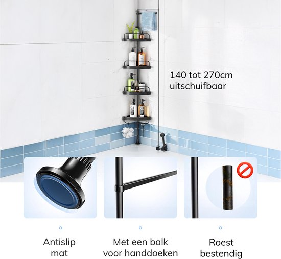 Support de douche Air Corner - Télescopique sans perçage - 4 couches - Accessoires de salle de bain - Suspension - Douche - Supports - Supports - Bain - Panier - Etagère - Suspension - Suspendable - Ventouse - Autocollant - Noir