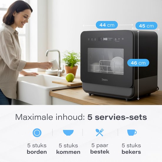 Skoov Mini lave-vaisselle avec réservoir d'eau PRO - 3 couverts - 6 programmes de lavage - Petit lave-vaisselle étroit à poser - Camping - Noir