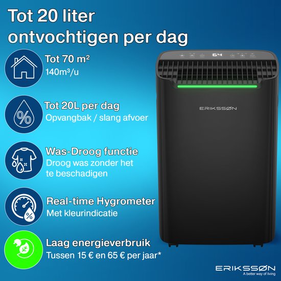 Déshumidificateur Dry Pro Plus d'Erikssøn - Déshumidifie jusqu'à 20 litres par jour - Fonction Lavage-Séchage - Convient pour la maison, la chambre, la salle de bain, le salon et le sous-sol - Déshumidificateur - Noir
