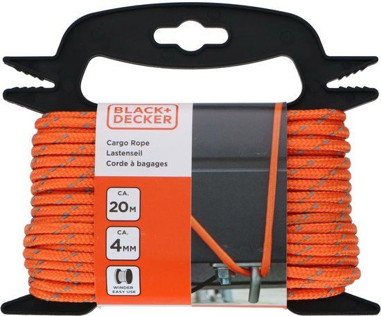 BLACK+DECKER Sangle d'arrimage avec Oproller 20 mètres - Incl. Sangle d'arrimage Oproller - Sangle d'arrimage - Corde de transport - Cordon élastique - avec parties réfléchissantes - Gestion du transport - Nylon/ Plastique - Orange/Noir