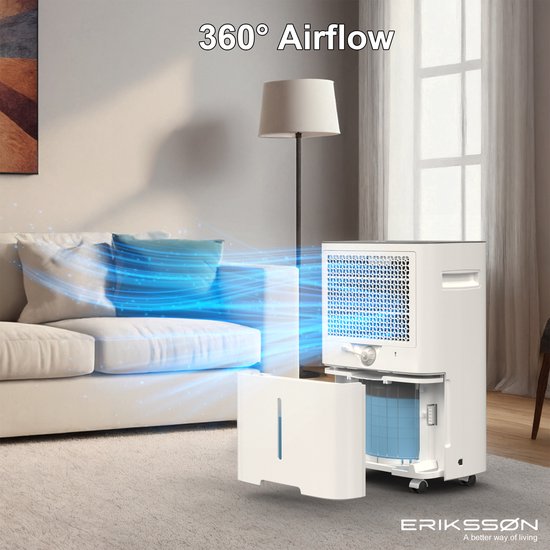 Déshumidificateur Dry Pro Plus d'Erikssøn - Déshumidifie jusqu'à 20 litres par jour - Fonction Lavage-Séchage - Convient pour la maison, la chambre, la salle de bain, le salon et le sous-sol - Déshumidificateur - Blanc