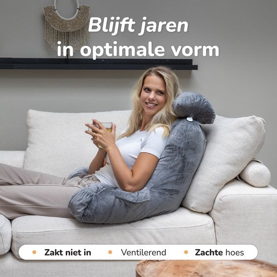 Coussin de lecture pour le lit - Bonne posture au lit - Avec 3 compartiments de rangement - Coussin dorsal pour le bas du dos - Siège de lecture pour le canapé - Gris - Soft & Silky