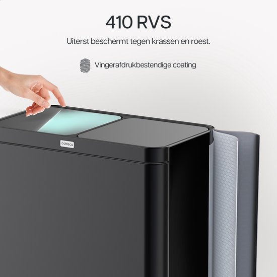 Deleca Recycle Bin with 2 Compartments - 60 Litres (2x30) Waste Bin - Waste Separation / Deposit Container / Pedal Bin - Garbage Bin with FreshAura Odour Control - Slow Close - Stainless Steel Black