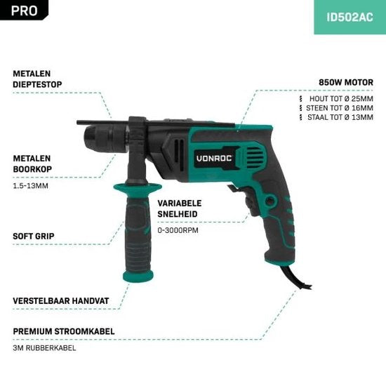 VONROC PRO Perceuse à percussion 850W - Ø13mm - mandrin métallique à action rapide - vitesse variable - câble caoutchouc 3m - Butée de profondeur et poignée additionnelle incluses