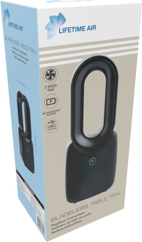 Ventilateur de table Lifetime Air - Ventilateur USB-C rechargeable - Ventilateur sur trépied avec veilleuse et télécommande - Ventilateur avec télécommande et 3 vitesses - Noir